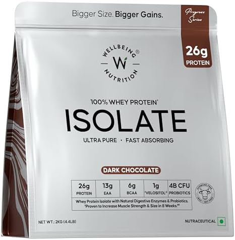 Wellbeing Nutrition Whey Protein Isolate 2kg Dark Chocolate | 26g Protein, Clinically Proven Velositol for 2x Muscle Protein Synthesis, 4B CFU Probiotics, Digestive Enzymes, Bloat Free, Easy to Digest