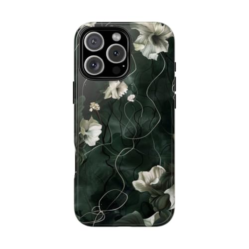 Coque motif floral vert foncé brillant rigide pour iPhone 16 Pro Max