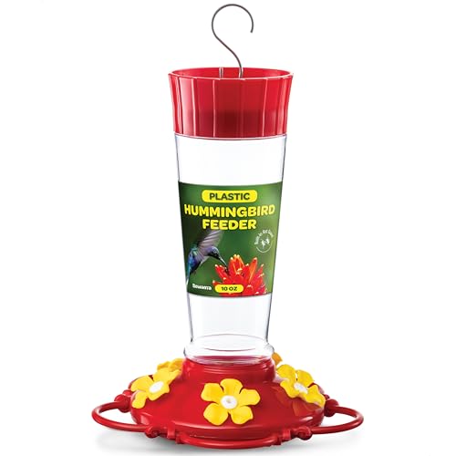 Hummingbird Feeder 10 oz Plastic Hummingbird Feeders for Outdoors, with Built-in Ant Guard - Circular Perch with 5 Feeding Ports - Wide Mouth for Easy Filling/2 Part Base for Easy Cleaning
