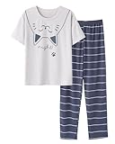 CYCHELRY Big Girls Pajamas Lovely 2PCS Soft Grey and Blue Cat Short Sleeve with Pants Sleepwear Teens PJS Clothes Size 6