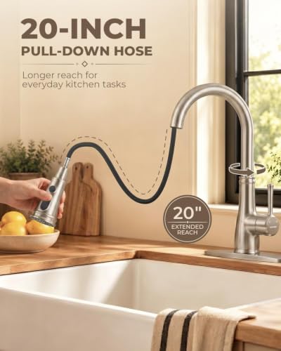 Image of WEWE Vintage Kitchen Faucet with Pull Down Sprayer, Brushed Nickel Stainless Steel High Arc Single Handle Sink Faucet, 1 or 3 Hole for Kitchen, Bar and Prep Sinks