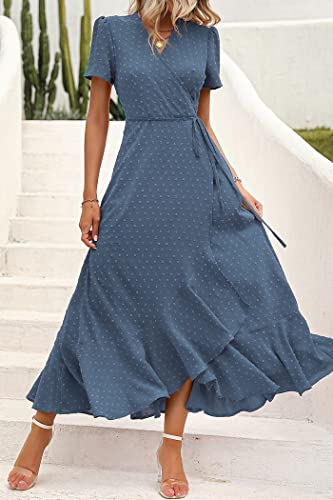 Image of PRETTYGARDEN Women's Summer Wrap Maxi Dress Casual Boho Floral V Neck Short Sleeve Ruffle Hem Split Beach Long Dresses