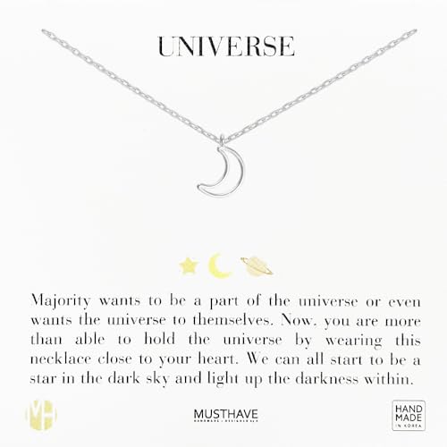 MUSTHAVE 18K Gold Plated Simple Line Crescent Necklace, White Gold Color, Anchor Chain, Moon, Size 16 inch + 2 inch Extender, Gift Card, Birthday, BFF, Unisex (White Gold)