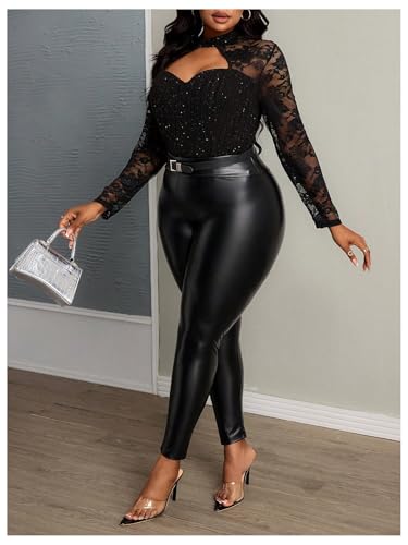 SweatyRocks Women's Plus Size Cut Out Mock Neck Floral Lace Long Sleeve Slim Fit Sparkly Shirt Top4