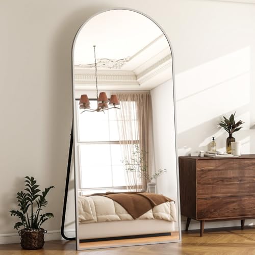 Image of Arch Top Full-Length Mirror | Floor Standing or Wall Mounted | Minimalist Design in Gold, Black & Silver | Oversized Mirror for Bedroom & Entryway (Silver, 170x70 cm)