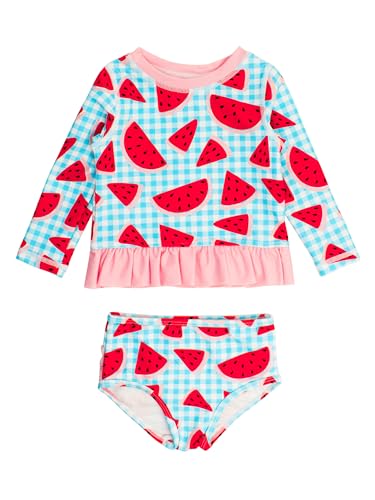 Image of RuffleButts Baby /Toddler Girls Long Sleeve Rash Guard UPF50+ Sun Protected Bikini Swimsuit