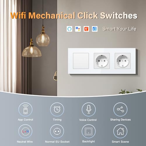 BSEED Doppelt Steckdose mit Lichtschalter Unterputz 1 Fach 1 Weg WIFI Smart Lichtschalter (Neutralleiter Erforderlich), Compatibel mit Alexa/Google Home，228mm，Wei&szlig;