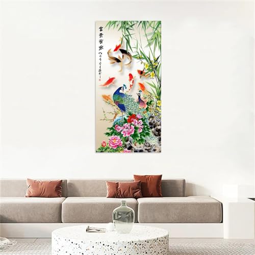 Tableau style chinois fleur koi paon bambou pour deco salon