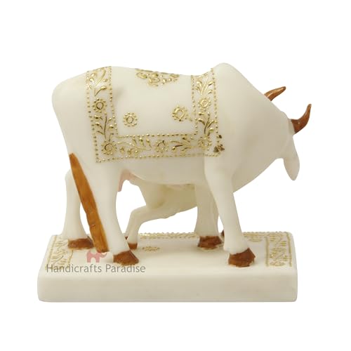 Image of Handicrafts Paradise Cultured Marble Hand Made Painted Kamadhenu Cow Baby, Animal Figurine 4.3 Inch