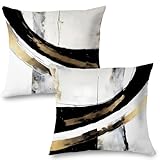 Supwhd Black & Gold Pillow Covers, Abstract 18x18 Set of 2, Modern Black & White for Couch, Bed & Living Room