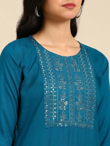 Image of SHOWOFFFF Women Solid Straight Ethnic Kurta | Round Neck 3 /4th Sleeves Cotton Kurta for Womens | Regular Fit Calf Length Kurta for Women's