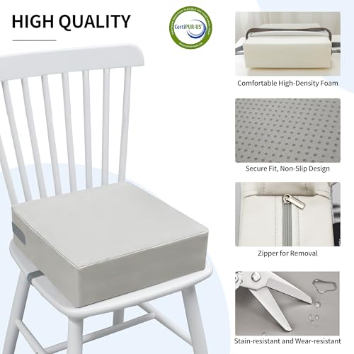 Image of Eiury Booster Seat for Kitchen Chair, Toddler Booster Seat for Dining Table, Waterproof PU Leather Kids Seat Cushion with Adjustable Straps, Non-Slip Bottom, Wipeable Seat Pad,Light Gray