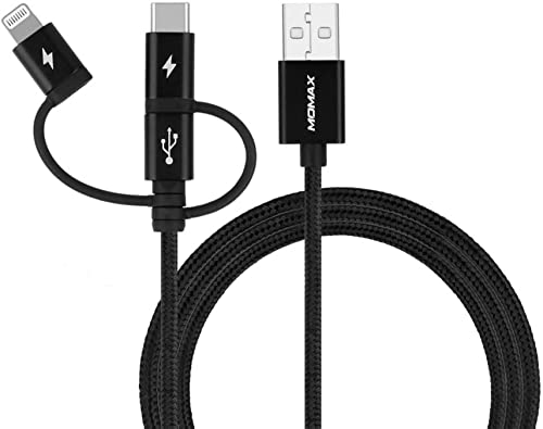 Momax 3 in 1 Universal Multiple Charger Cable, Micro USB/Lightning/USB C adapters MFi Certified, 3.3ft Nylon Braided Multi Charging Cable for iPhone 13/12/11/Pro/Max/Mini/SE/X/iPad/Galaxy/Pixel & More