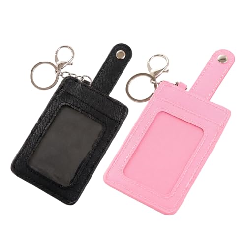 Image of 2 Pack Slim Credit Card Holder Back /Front Pocket Purse Wallets, Faux Leather ID Badge Holders for Carrying Keys, Metro Cards, with Metal Clasps&Key Rings (Black, pink)