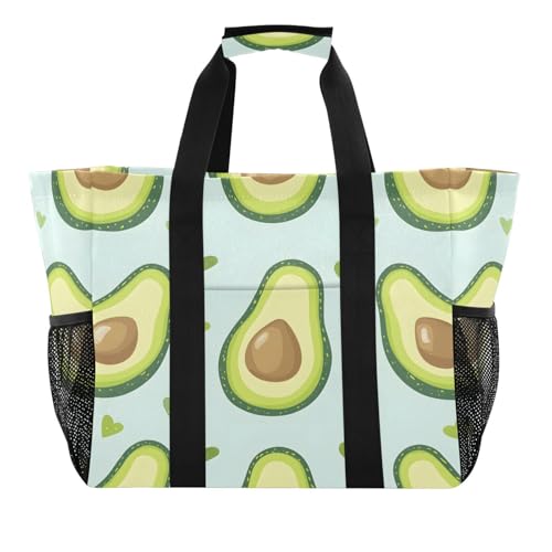Large Waterproof Travel Tote Bag for Women Men, Avocados Heart Pattern Canvas Beach Bag with Lining & Pockets - Reusable Grocery/Laundry/Kitchen/Pool/Picnic Tote (15.4x9.8x12.8in)