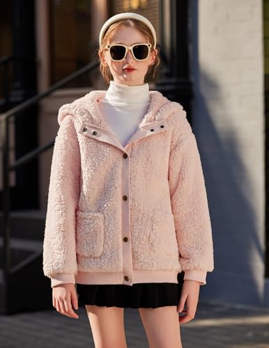Arshiner Girls Fleece Sherpa Jacket Faux Shearling Fluffy Button Hooded Coat Fuzzy Outerwear Warm Winter Clothes With Pockets4