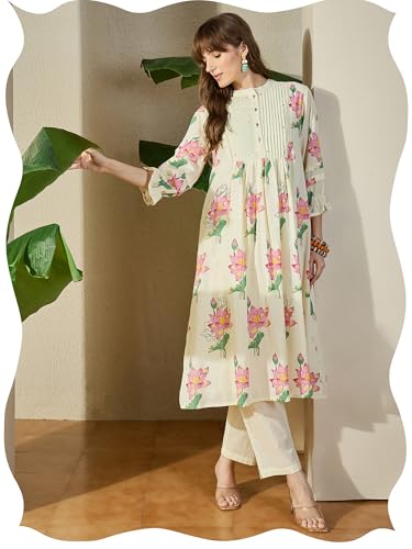 Image of INDO ERA Women's Pure Cotton Floral Printed A-Line Calf Length Kurta & Pant Set (IESTR12117)