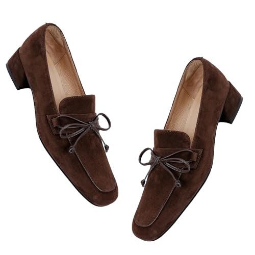 MOOMMO Women Chunky Low Heel Loafers Bow Suede Slip On Closed Square Toe Loafer Shoes Oxfords Comfy 1 Inch Block Heels Dress Shoes Pumps Office Work Pumps Vintage Retro Comfy Dark Brown 7 M US