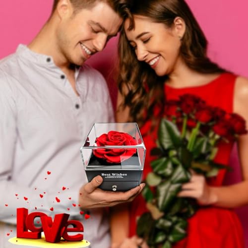 Image of Preserved Rose Flower Gift Box with Heart Necklace for Women, Romantic Gift for Girlfriend, Wife & Fiancee, Valentine's Day, Birthday, Anniversary, Wedding, Proposal & Special Occasion