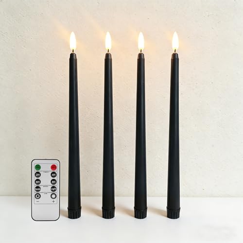 Image of Black Halloween Flameless Taper Candles with Remote, Flickering Battery LED Candlesticks Decor Set of 4