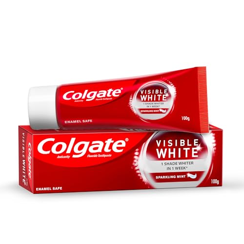 Image of Colgate Visible White Teeth Whitening Toothpaste, Pack of 100g, with Whitening Accelerators for Tobacco Stain Removal & Teeth Whitening, Colgate Toothpaste with Minty Flavor for Everyday Fresh Breath