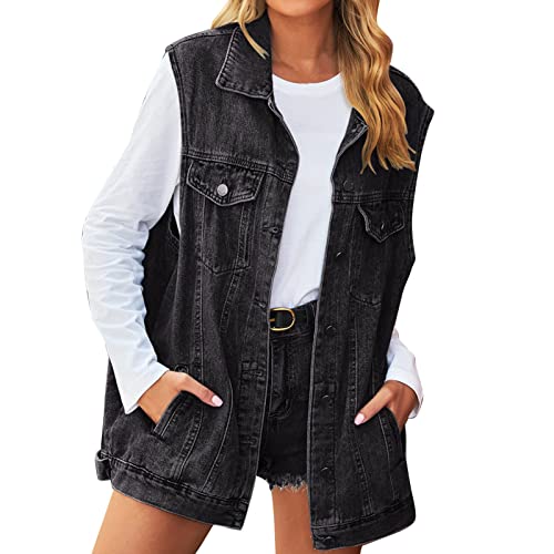 Moda denim mujer con el chaleco largo vaquero de cuello solapa estruturado moderno