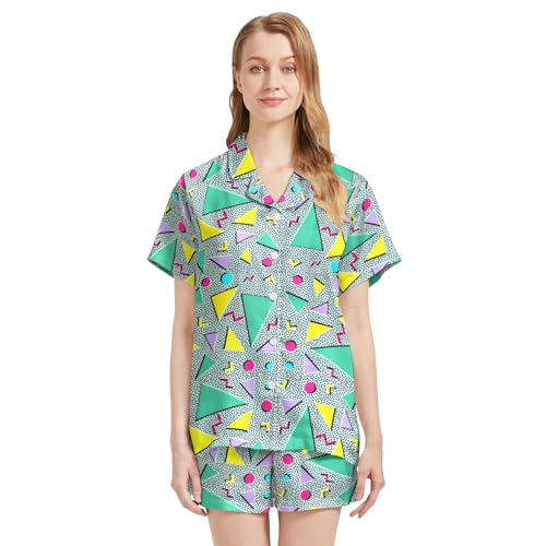 Image of Funny Pajamas for Women Set Print Satin Loungewear Pjs Short Sleeve Button Down Top and Shorts Sets Sleepwear XS-3XL