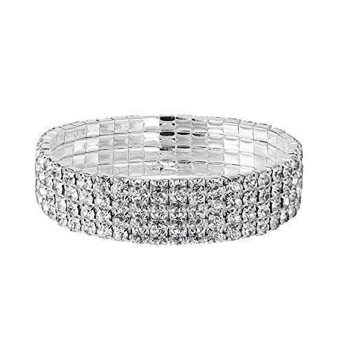 YINLI Sparkling Crystal Rhinestone Stretch Tennis Bracelet Bridal Bridesmaid Bangle (4 Row Silver)