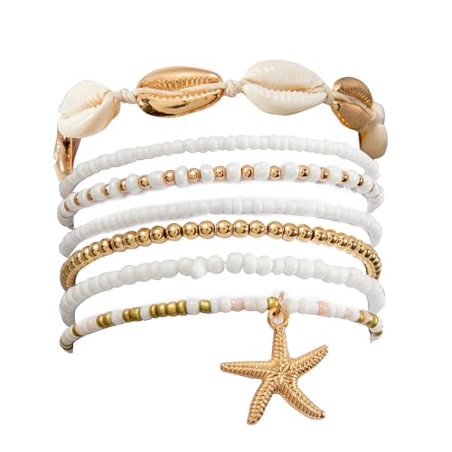 Bansusu 7Pcs Summer Beach Bracelets Boho Women Elastic Sea Shell Beaded Bracelet Starfish Shell Summer Beach Beaded Bracelets For Women Stackable Seashell Starfish For Vacation Party Gift