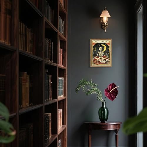 Image of Framed The Reader Tarot Canvas Wall Art, Skeleton Reader Tarot Card Pictures Wall Decor, Bookish Witchy Library Poster Print Artwork for Witchy Reading Nook Book Lover Gift 12x16 inch
