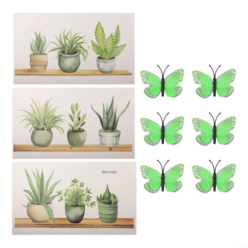 Lot de 6 autocollants muraux en forme de plante verte avec papillons 3D lumineux pour décoration de la maison