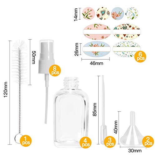 4 Pack 1.7oz 50 ml Square Clear Glass Spray Bottles with Fine Mist Sprayer & Dust Cap for Essential Oils, Perfumes,Cleaning Products.Included 1 Brush,4 Extra Sprayers,1 Funnels,2 Droppers & 6 Labels.
