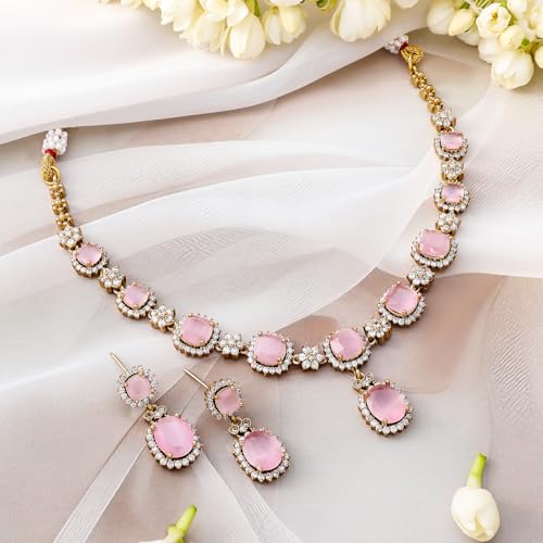 Image of Rubans Necklace Set Gold Plated American Diamomd Stylish Jewellery Gift for Women & Girls