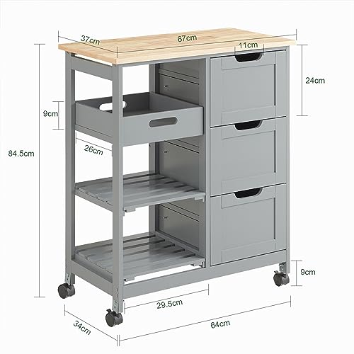SoBuy Kitchen Island on Wheels, Free Standing Kitchen Trolley Storage Unit with 3 Drawers and Removable Tray, Butchers Block Trolley, grey, W67xD37xH84cm, FKW79-HG - Image 3