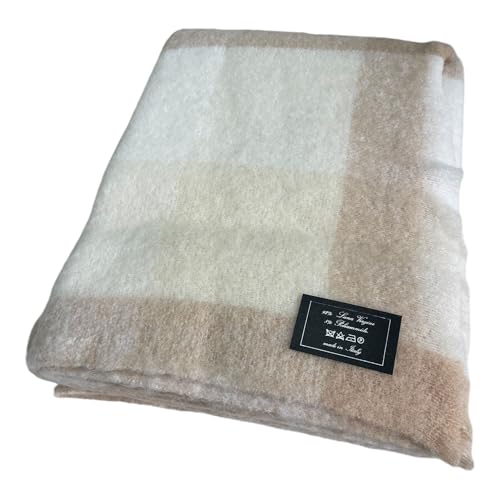 Plaid da Letto in Lana Mohair Lana, Coperta Scozzese (Beige, Singola)