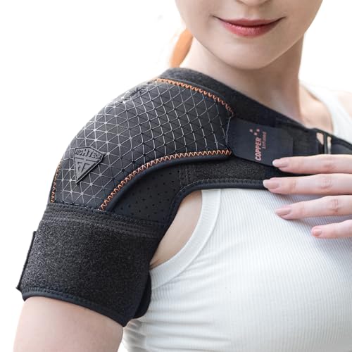 FIGHTECH Rotator Cuff Shoulder Brace for Women and Men - 4 Sizes - Shoulder Support - Pain Relief - Copper Black - Small (Chest 29-35" Bicep 9-12")
