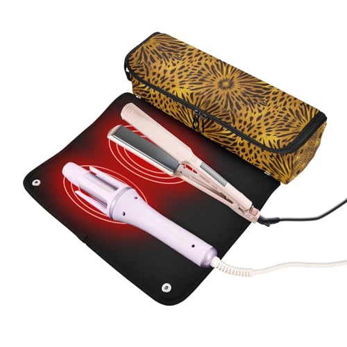 Bolsa de viaje para herramientas de cabello con tapete para plancha, soporte para rizador y secadora - Estampado abstracto leopardo dorado miniatura 2