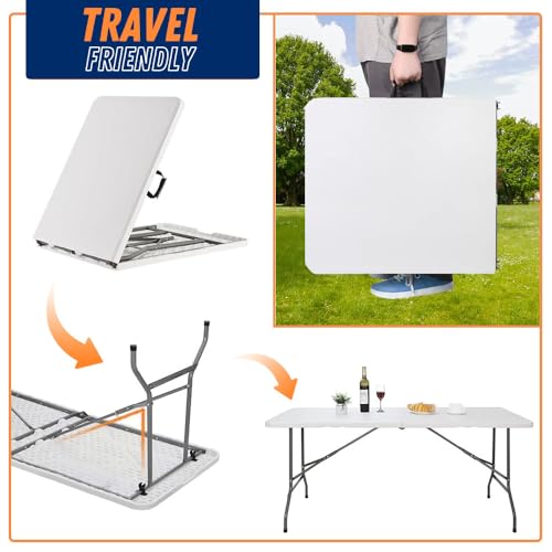 CozyBox 8FT Folding Table Indoor Outdoor Heavy Duty Portable Folding Plastic Dining Table w/Handle, Lock for Picnic, Party, Camping - White (4ft, 6ft, 8ft) (8ft)