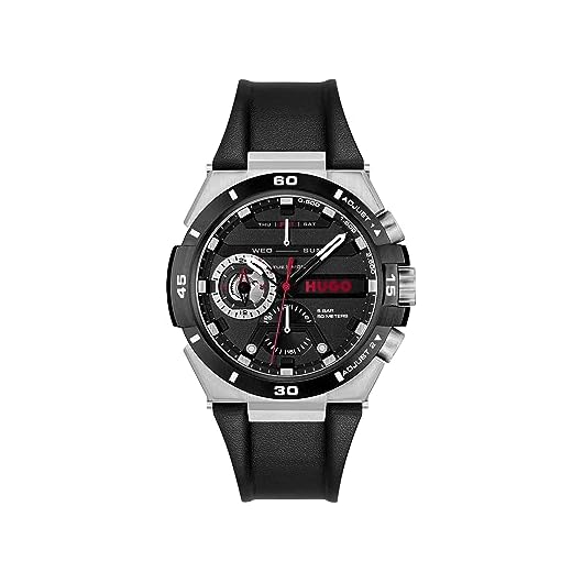 HUGO Reloj Analógico de Cuarzo multifunción para Hombre, Colección Wild con Correa, Cuero, Negro (Black)