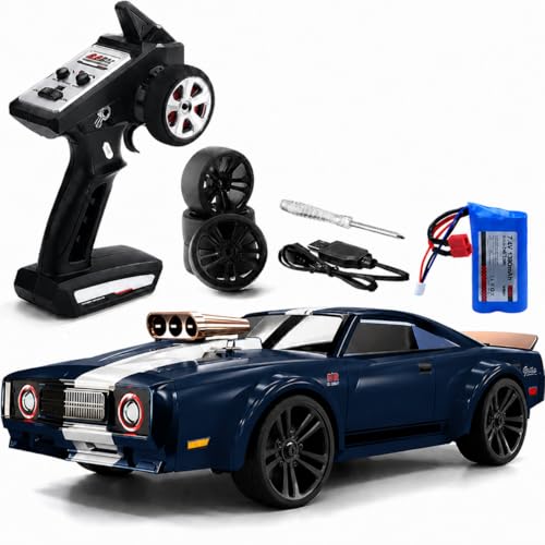 Image of 1:16 Scale 4WD RC Drift Car with 2.4GHz Remote Control, Rechargeable Batteries, LED Headlights, Shock Absorbers, USB Charging Cable and Accessories (Blue)