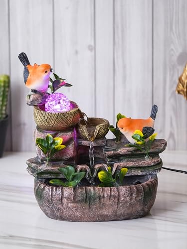Image of Polyresin Orange Birds Tabletop 3 Steps Indoor Water Fountain for Home Decor with LED, Speed Controller Pump & Crystal Ball (Size: 26 x 17 x 31 CM |Colour: Multi|Weight: 1770 Gram)