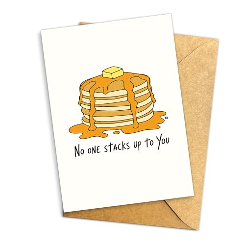 Funny Pancake Pun Card for Boyfriend Husband, Cute Breakfast Pun Romantic Greeting, Anniversary & Valentine Card for Him Her, No One Stacks Up to You Love Card, Cute Food Pun Couple Card – 5.3x8 Inch