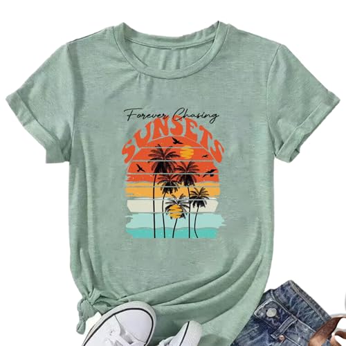 Summer Vibes Tshirt Shirt for Women Forever Chasing Sunsets Shirts Palm Trees Graphic Print Tees Sunshine Beach Party Vacation Short Sleeve Vintage California Shirts,Duck Green S