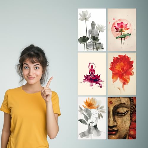 Image of SiddArtify Serene Buddha - Lotus Flower Art Print Set - 300GSM Board - 12x18 Inch - Pack of 6 Wall Room Decoration art Poster Prints