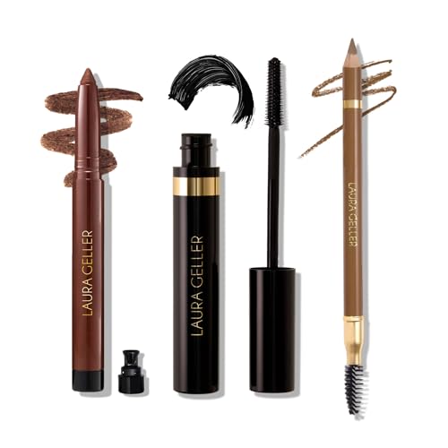 LAURA GELLER NEW YORK Lauras 3 Es Eyeliner Eyelash & Eyebrow Kit for Mature Skin | Medium Brown | Kajal Longwear Eyeliner Kajal Longwear Mascara & Bravo Brows Soft Pencil + Brush