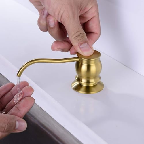 Image of Built in Deck Mount Liquid Lotion Kitchen Countertop Metal Soap Dispenser, Brushed Gold Brass Dispenser Pump with 47.2 inch Silicone Long Tube for 0.79 inch- 1.38 inch High Capacity Bottle Mouths