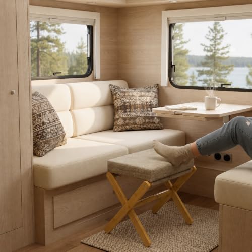 BAMBOOHOMIE Makeup Eitelkeit Hocker, Faltbarer Fußhocker mit Bambus X Beinen, Ottoman Fußstütze Stuhl für Vanity, Moderne Fußhocker klein gepolstert für Wohnzimmer (Natürlich - Braun)