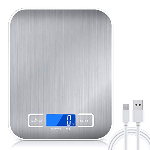 Raniaco, Balança de cozinha digital 2 em 1, carregamento por USB ou pilhas, balança de cozinha digital em aço inoxidável com ecrã LCD até 5 kg, prateada