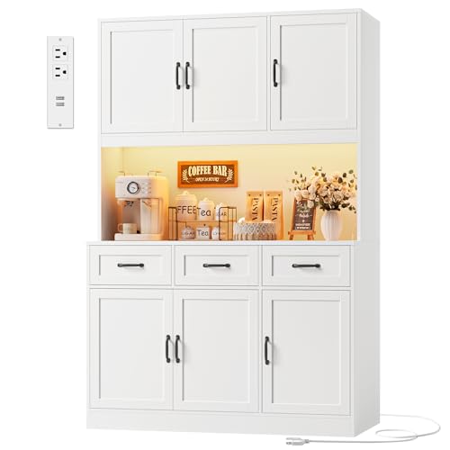 HOSTACK 72' Tall Kitchen Pantry Cabinet with Charging Station | LED Lights, 47' W Kitchen Pantry Storage Cabinet with Countertop, Modern Kitchens Hutch Cabinets with Storage for Dining Room, White