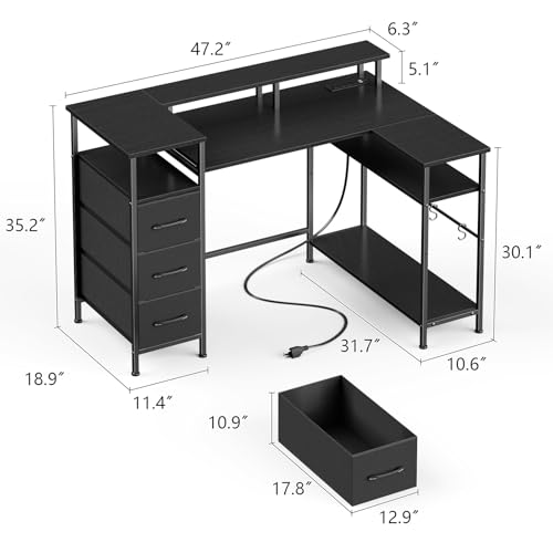 47 Inch L Shaped Gaming Desk with Power Outlets and LED Lights, Reversible Computer Desk with File Drawers & Monitor Stand, Corner Gamer Desk Table for Home Office with Storage Shelves, Black - Image 4